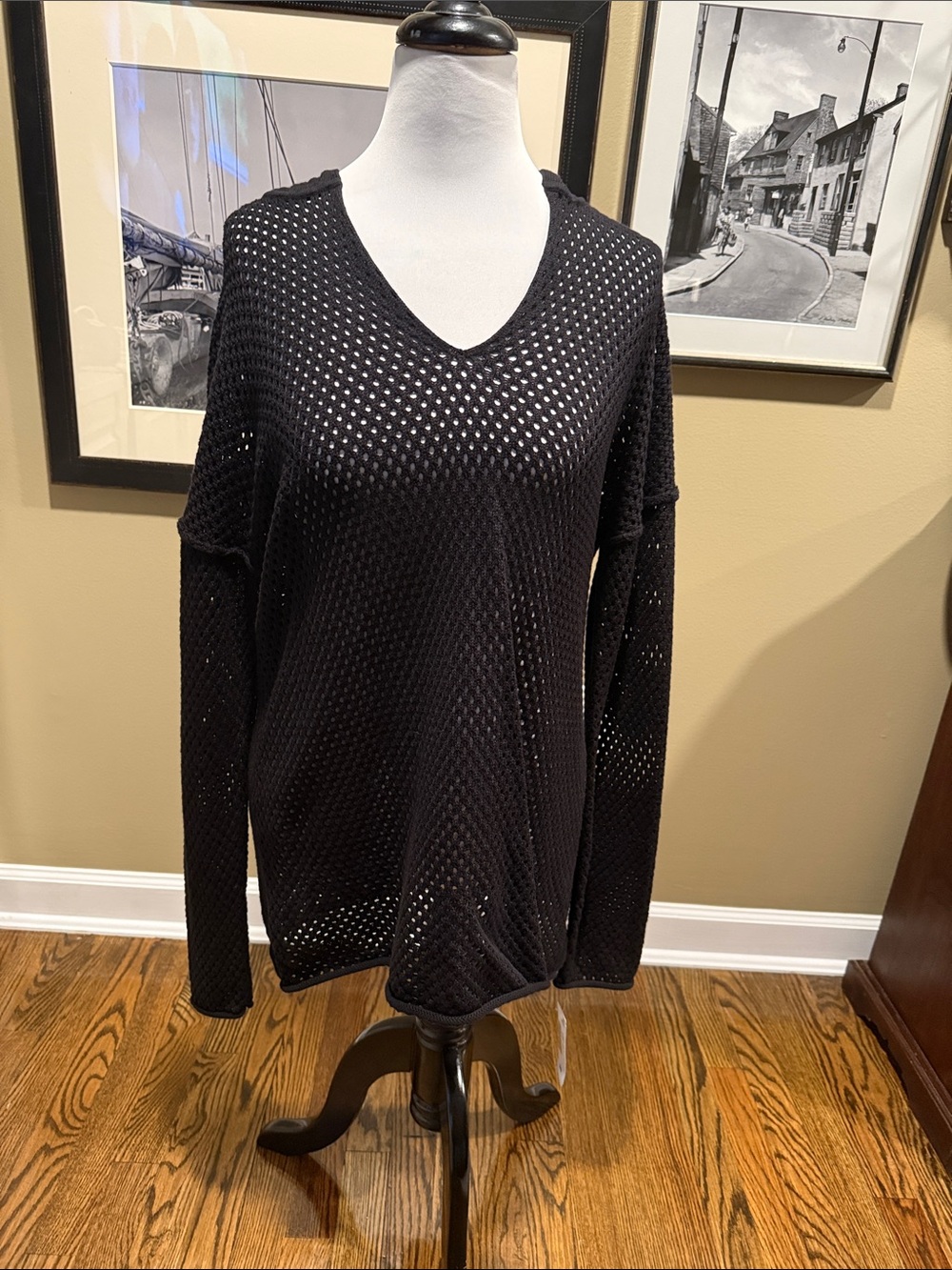 Black Open-Weave V-Neck Lightweight Sweater